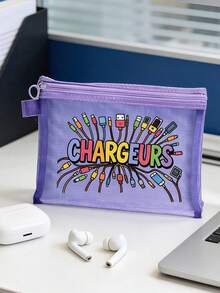 Mesh Zipper Storage Bag, With "Chargeurs" Letter Pattern, Multi-Function Storage Portable Storage Bag, Digital Bag, Makeup Bag, Skin Care Bag, Travel Toiletries Bag Necessities, Dormitory Supplies, Wedding Bride Gifts, Mother Gifts, Birthday Gifts, Friends And Teachers Gifts, Bathroom Storage, Jewelry Storage, Lipstick And Cosmetics Storage Bags, Vacation Travel Necessities, Teachers' Day Gifts, Outdoor Camping Necessities - Multicolor - View 10