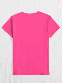 Camiseta de algodón 100% con cuello redondo, manga corta y estampado de perlas falsas, top casual de verano para mujer - Rosa Fucsia - Ver 2