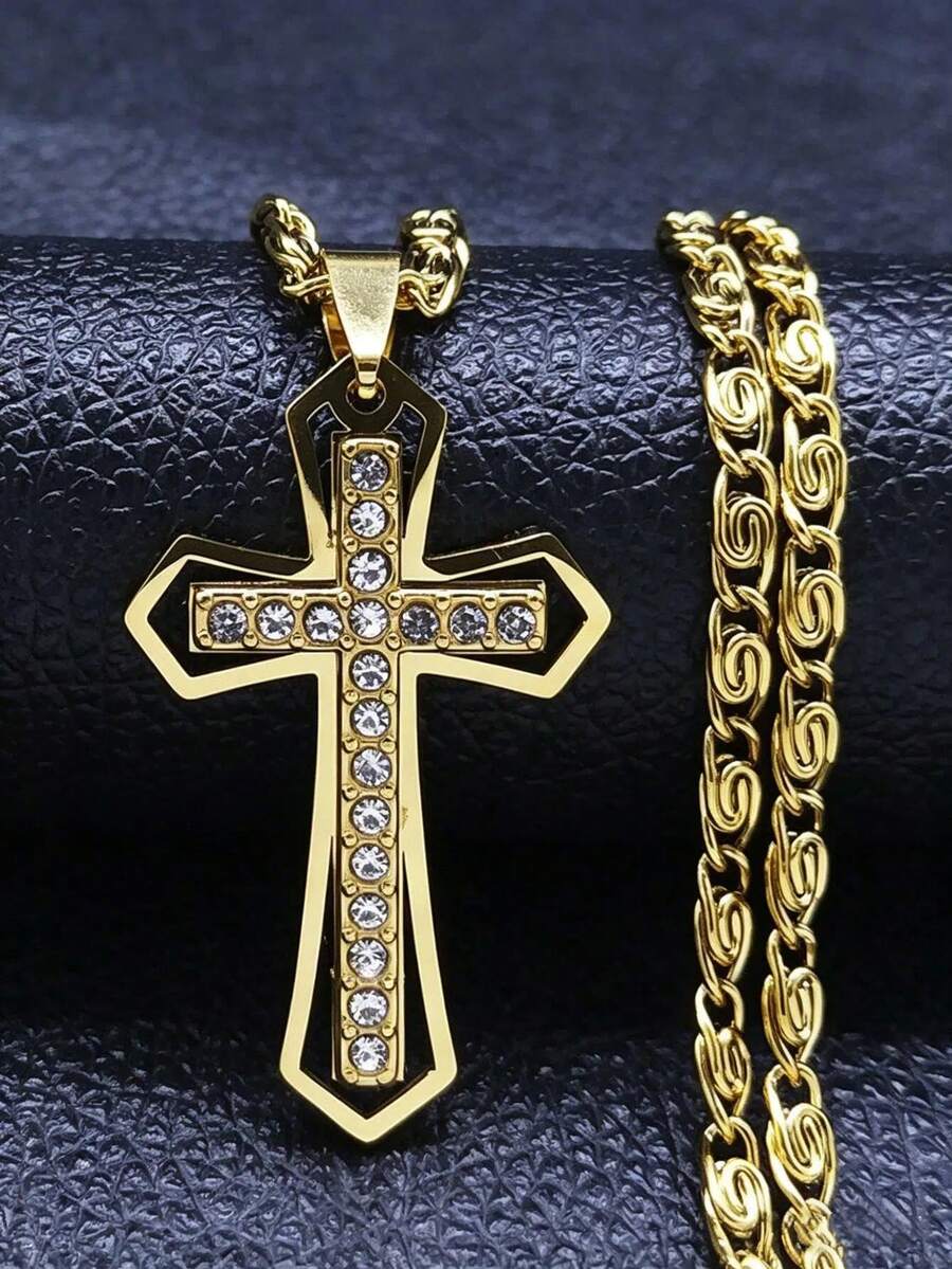 Mặt dây chuyền hình thánh giá Kitô giáo bằng thép không gỉ mạ vàng, dây chuyền dành cho nam giới theo đạo Công giáo. - vòng cổ - Xem 1