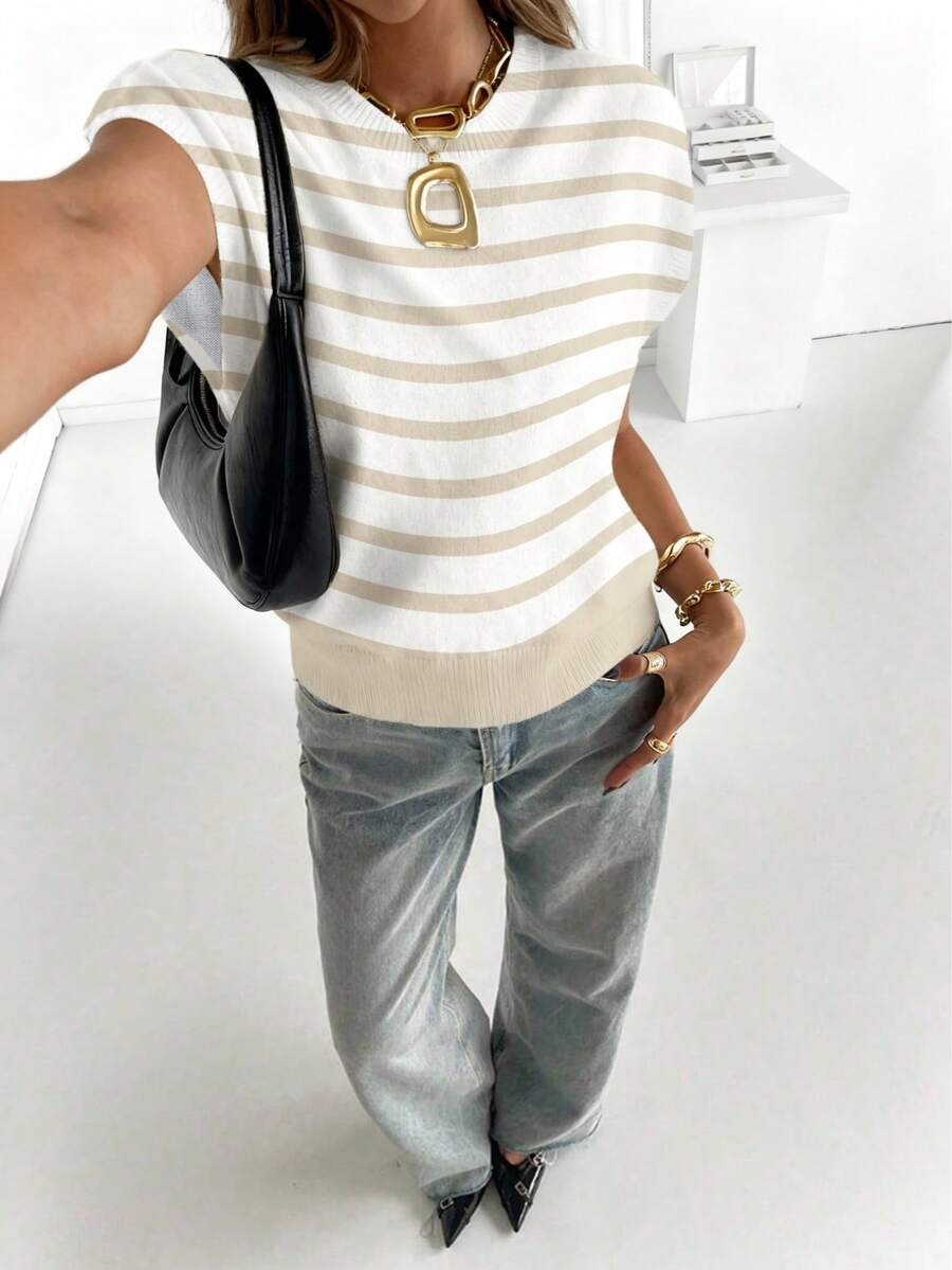 ADFHP Women's Summer Clothing, French Classic Striped Print Knit Top, Cap Sleeve Design, Casual Relaxed Fit Blouse, Spring/Summer Commute Outfit - Multicolor - View 1