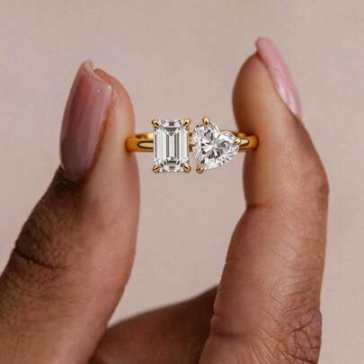 1 chiếc nhẫn nữ mạ vàng hình chữ nhật, đính đá Cubic Zirconia trắng hình trái tim; Nhẫn đính hôn Toi Et Moi + Toi-Et-Moi, thanh lịch và thời trang, có thể đeo chồng lên nhau, đa năng.