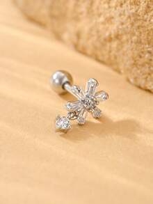 1pc Snowflake Zirconia Inlaid 316L Stainless Steel & Copper Combination Earring Stud, Minimalist Fashionable Cartilage Piercing, Shaft Thickness 1.2mm, Shaft Length 6mm - Silver - View 3
