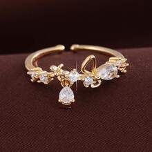 1pc Elegant Flower Decor Adjustable Open Ring With Synthetic Zirconia Stone For Women - Multicolor - View 7