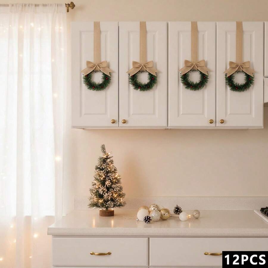 Christmas Kitchen Cabinet Wreath Hanging Mini Wreath With Ribbon Bows And Berries For Wall Front Door Party Decorations - B - View 1