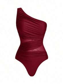 Swim Oasis Traje de baño de una pieza con panel de malla fruncida de unicolor y falda pareo - Burdeos - Ver 7
