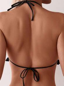 Swim Mod Women's Swimsuit, Two-Piece Bikini Set With Halter Neck, Ruffles And Bow In Solid Color For Summer - 黑色 - 查看 7