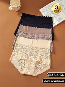 3pcs Women's High Waist Solid Color Basic Panties, Sexy Lace Patchwork Seamless Breathable Sports Underwear - Multicolor - View 2