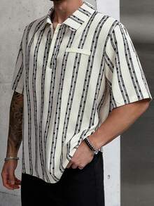 男士宽松黑白条纹纹理 Polo 衫一件装，适合大码男士，休闲/正式场合皆宜 - 白色 - 查看 5