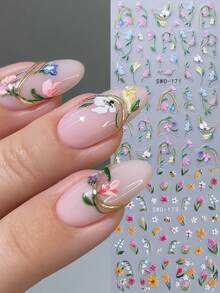 2 piezas Pegatinas de arte de uñas 5D en relieve con flores de verano, patrón de margaritas, tulipanes y abejas, decoraciones de uñas con tema de jardín de primavera/verano autoadhesivas, suministros de arte de uñas DIY para mujeres - Multicolor - Ver 2