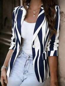Women's Color Block Striped Long Sleeve Blazer With Pockets - Notch Lapel Button Front Jacket Vacation - White and Blue Ripples - View 6
