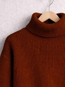 Women's Rust-Colored Thick Knit Cropped High Neck Sweater With Off-The-Shoulder Design For Winter - Chocolate Brown - View 2