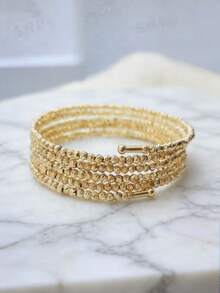 1 chiếc vòng tay hình học bất đối xứng 3 lớp/5 lớp, mạ vàng 24K, làm thủ công, đính hạt lấp lánh, phụ kiện trang sức thanh lịch đa năng dành cho nữ. - Năm vòng tròn có hạt tròn ở cả hai đầu - Xem 2