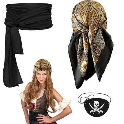 Bộ 3 món đồ kết hợp hoàn hảo giữa các yếu tố cướp biển cổ điển với phong cách Gothic của trang phục cướp biển, bao gồm 1 mặt nạ hình đầu lâu, 1 khăn trùm đầu in họa tiết cổ điển và một thắt lưng đen. Với những phụ kiện này, bạn có thể tạo nên một diện mạo nổi bật và độc đáo cho bất kỳ bữa tiệc hóa trang nào. Trang phục chủ đề đại dương mùa hè, trang phục và phụ kiện cho tiệc bãi biển.
