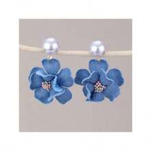 Denim Fabric Rose Flower Three-Dimensional Camellia Handmade Flower Pearl Stud Earrings Women Jewelry - 雄蕊#EZ5584-a - 查看 6