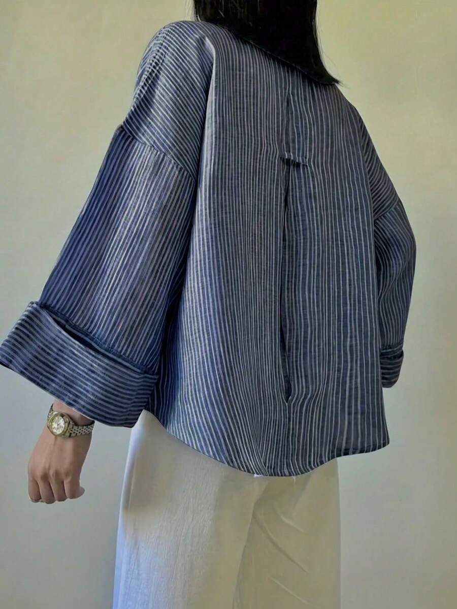 Women's Polyester Striped Drop Shoulder Long Sleeve Shirt, Front Button Design, Regular Length, Non-Stretch Fabric Top Spring - Dark Blue - View 1