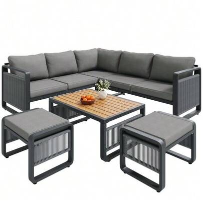 Garden Lounge Chair Set, Furniture Set For 6-7 People, Hand-Woven Rope Garden Sofa, Weather-Resistant Corner Set And Iron Sun Lounger, Includes Soft Seat And Back Cushions, Adjustable Legs, Beige Color.