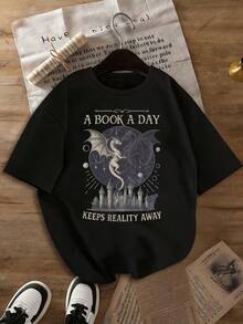 Fantasy Dragon City "Daily Good Book" Pattern Short Sleeve T-Shirt - Vintage Style, Dedicated To Book Lovers | Women's Pure Cotton T-Shirt - Black - View 8