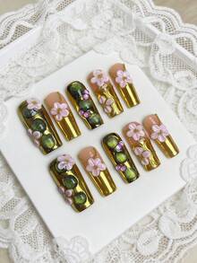 10pcs Luxury 3D Striped Floral Metallic Chain Green Cat Eye Acrylic Nails For Hands, Vacation, Vacation Outfits, Graduation, Press On Nails, Suitable For Girls, Holiday, Wedding, Party - Gold - View 2