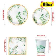绿叶金花瓣造型一次性餐盘、餐巾纸和杯子套装，可供24位客人使用，适合生日、婚礼、派对、家庭野餐等场合。 - 款式1 - 查看 7