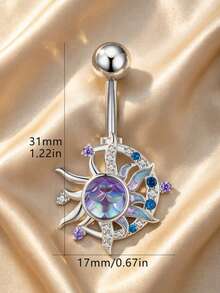1 pieza Anillo de ombligo con forma de llama y luna de circonita a la moda, adecuado para uso diario como joyería corporal - Plateado - Ver 2