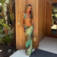 新款欧美风三件套：网纱侧系带泳裤、性感挂脖比基尼上衣和沙滩长裙，夏季度假必备 - 綠色 - 查看 1