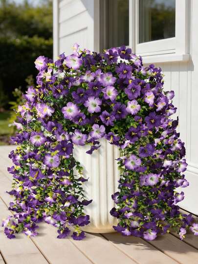 4PCS/2PCS/1PC Artificial Fake Hanging Flowers Plants For Outdoor Spring Decoration,Faux Silk Morning Glory With Eucalyptus Leaves,UV Resistant Realistic Outdoor Flowers For Balcony Porch Patio Yard Garden