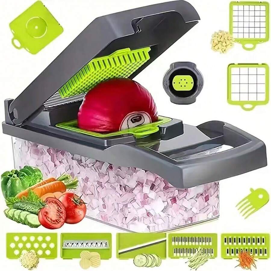 Máy thái rau củ đa năng 16 trong 1, máy băm hành chuyên nghiệp, máy băm thực phẩm đa năng, máy thái và cắt rau củ nhà bếp với 8 lưỡi dao, máy băm cà rốt kèm hộp đựng - Quà tặng Ngày của Cha - màu xanh lá - Xem 1