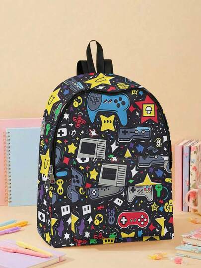 1pc Cartoon Game Console Printed Multi-Pocket Backpack, Large Capacity, , Versatile, High-Quality, Zipper Closure, Suitable For Boys And Girls, Great For School And Outdoor Activities