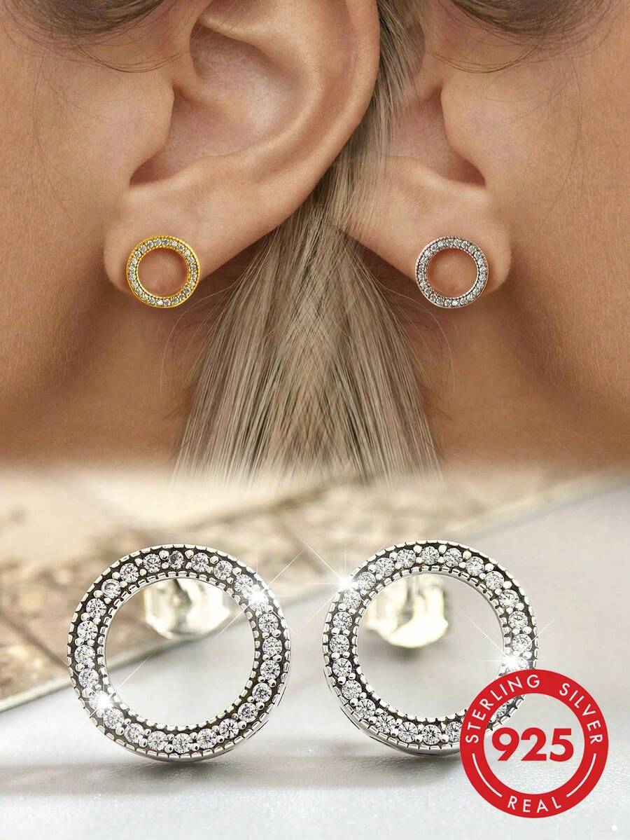 1 par de pendientes de plata de ley 925 con círculo hueco, regalo de joyería elegante y casual para mujeres en el Día de San Valentín - círculo - Ver 1