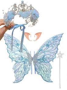 4/1 Stück - Blaues Eisprinzessin Blumenfee Party Kostüm Set - Elegante Blumenkrone Prinzessin Haarreif für Kinder, Mädchen Strass Haarreif Geburtstag Hochzeit Haaraccessoires, Mädchen Fee Set, inklusive blaue Blumenkrone Haaraccessoires, blaue Schmetterlingsflügel, Zauberstab und Elfenohren, Gender Reveal Babyparty, Babyparty Dekorationszubehör - Verschiedenfarbig - Übersicht 8