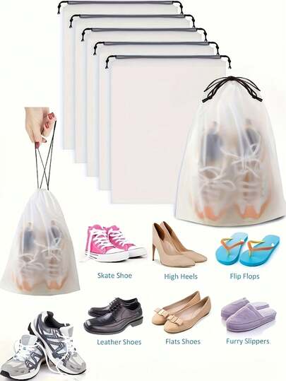 5 túi đựng giày chống thấm nước trong suốt, túi đựng giày du lịch xách tay, túi dây rút, túi đựng quần áo du lịch.