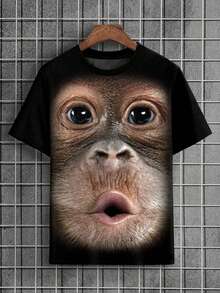 Camiseta de manga corta de cuello redondo con estampado de gorila para hombres de talla grande en verano - Negro - Ver 1