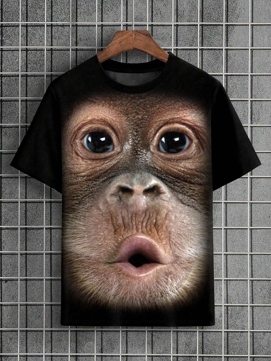 Camiseta de manga corta de cuello redondo con estampado de gorila para hombres de talla grande en verano - Negro - Ver 1