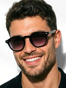 1 Piece Men's Retro Round Sunglasses, Black Acetate, Gray Gradient Lens, UV400, Suitable For Casual Daily Use And Beach - 黑色漸變 - 查看 1
