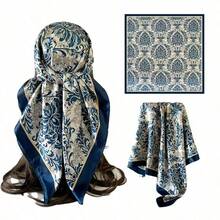90Cm Satin Square Scarf Floral Print Silk Scarf High-End Headscarf Scarf Thin Shawl - màu xanh lam New Zealand - Xem 1