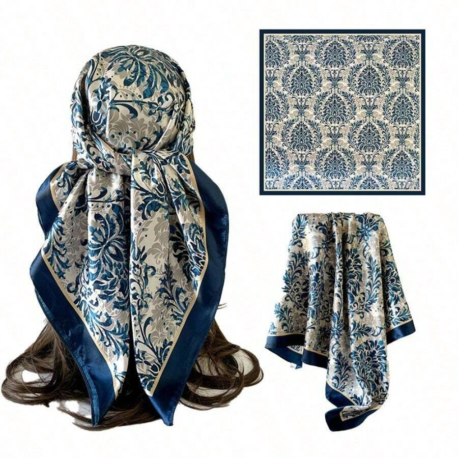 90Cm Satin Square Scarf Floral Print Silk Scarf High-End Headscarf Scarf Thin Shawl - màu xanh lam New Zealand - Xem 1