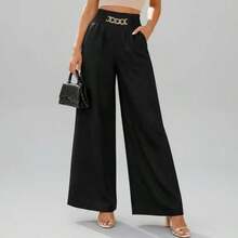 Women's Linen Wide-Leg Pants With High Waist And Gold Chain Detail | Linen Style | Sizes P To G3 | - 普雷圖 - 查看 6