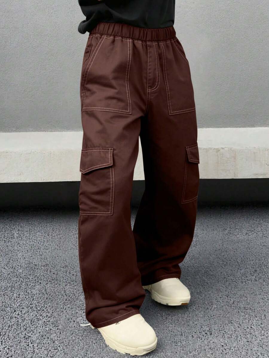 1pc Teen Boys Vintage Minimalist Cargo Pants, Suitable For Workout, Outdoor, Spring/Autumn - Brown - View 1