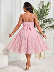 大码女士优雅A字中长连衣裙 - 花卉提花吊带系腰连衣裙，适合婚礼宾客、派对、宴会等场合，粉色夏季款 - 粉色 - 查看 2