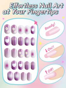 NAIO 24pcs Kids Press On Nails, Purple Gradient Flower Heart Plaid Full Cover False Nails Colorful Full Cover Short False Nails For Girls, Cute Mixed Pattern Wearable Nail Kit With Storage Box & Nail File - Multicolor - View 2