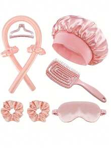 9件套女士免加热卷发棒套装 - 宽松睡衣套装、波浪齿塑料梳、缎面睡帽、塔夫绸睡眠眼罩、塔夫绸发圈 - 适合卷发 - 彩色 - 查看 12