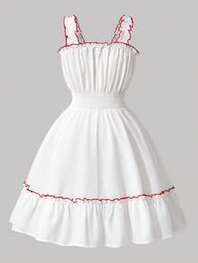 Vestido de tirantes con volantes y estampado floral para niñas, adecuado para fiestas de jardín y uso diario - Blanco - Ver 2