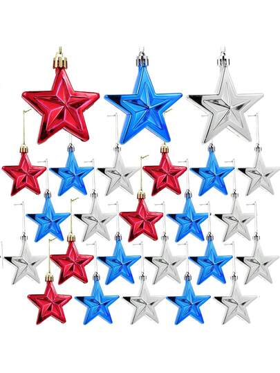 36颗爱国星形装饰品，适用于国庆节、独立日、劳动节、退伍军人节、圣诞树装饰，蓝色、红色、银色