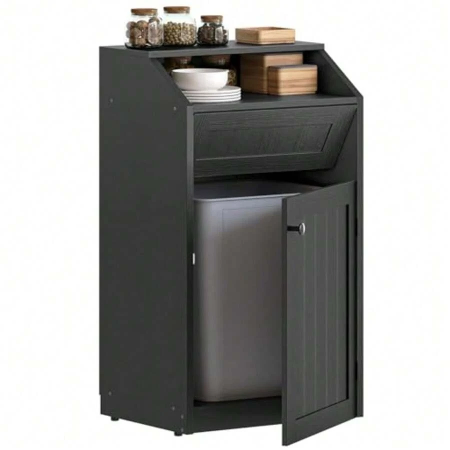 Trash Cabinet Freestanding Trash Can Cabinet Wooden Recycling with Flip Door 10 Gallon Hidden Kitchen Garbage Can for Kitchen Living Room Black WB01BB - Greige - Ver 1