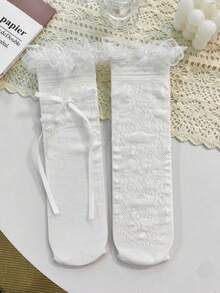 1/3 双可爱百搭镂空蕾丝荷叶边蝴蝶结中筒袜 - 彩色 - 查看 12