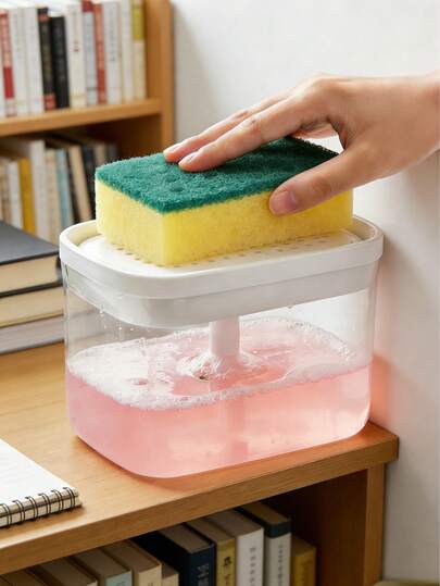 1/2 chiếc bình đựng xà phòng tắm trong suốt có thể nhìn thấy mực chất lỏng, bình đựng xà phòng 2 trong 1 kèm giá đựng bông tắm, dụng cụ nhà bếp thiết yếu, phù hợp cho gia đình, căn hộ, xe RV và ký túc xá, nâng tầm thẩm mỹ cho nhà bếp của bạn | Bình đựng xà phòng rửa chén 2 trong 1 hiện đại kèm giá đựng bông tắm, dụng cụ sắp xếp tối giản trên mặt bàn