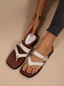Summer Retro Square Toe Thick Bottom Slip-On Sandals, Casual Beach Holiday Daily Wear - White - View 5
