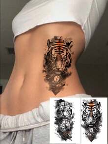 2 Sheets Unisex Simulated Tattoo Stickers, Realistic Tiger Pattern, Waterproof Fake Tattoo, Lasts 2-5 Days, Covers Scars, Applies To Arms, Shoulders, Chest, Back, Waist And Legs, Quickly Creates Personalized Tattoos, Suitable As Holiday Party Gifts. - Multicolor - View 1