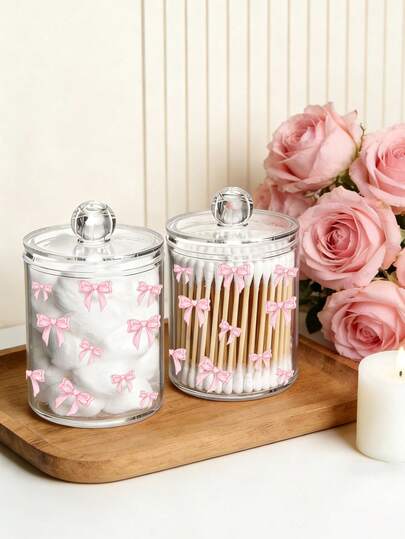 蝴蝶结图案棉签收纳盒，粉色蝴蝶结透明浴室收纳罐，棉签牙线收纳罐，亚克力透明化妆棉收纳罐，化妆刷收纳盒，适用于家庭、办公室、桌面，清洁球收纳盒，浴室收纳罐，透明罐，适用于棉签、清洁球、化妆棉、牙线（手工测量可能存在1-2厘米误差）