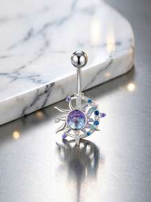 1 pieza Anillo de ombligo con forma de llama y luna de circonita a la moda, adecuado para uso diario como joyería corporal - Plateado - Ver 4